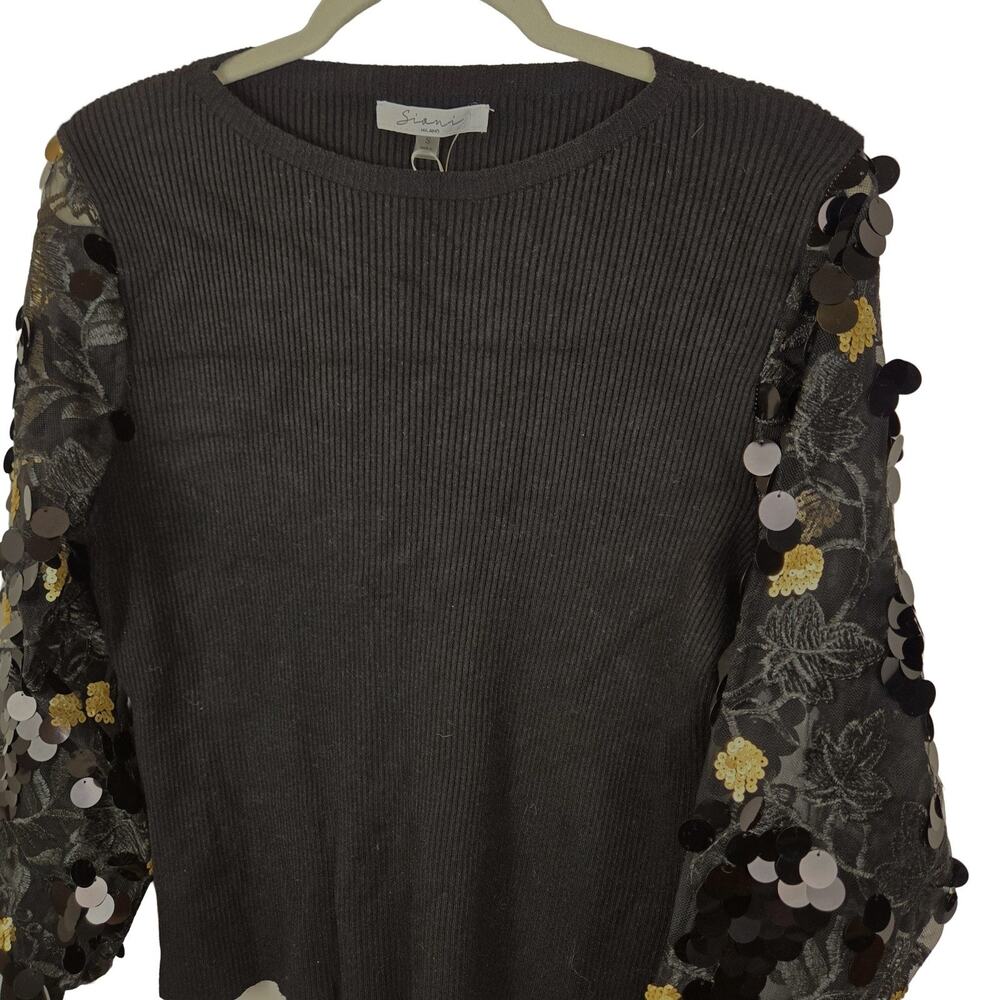 Siani Milano Ribbed Knit Sweater Women S Black Sequin FLORAL Sheer Lace Sleeves